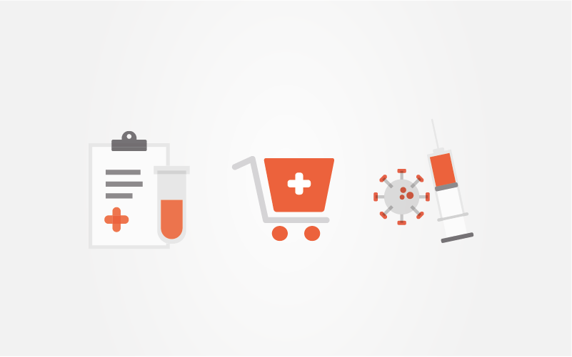 Icons about Test, Trace and Protect, Personal Protective Equipment and Vaccinations