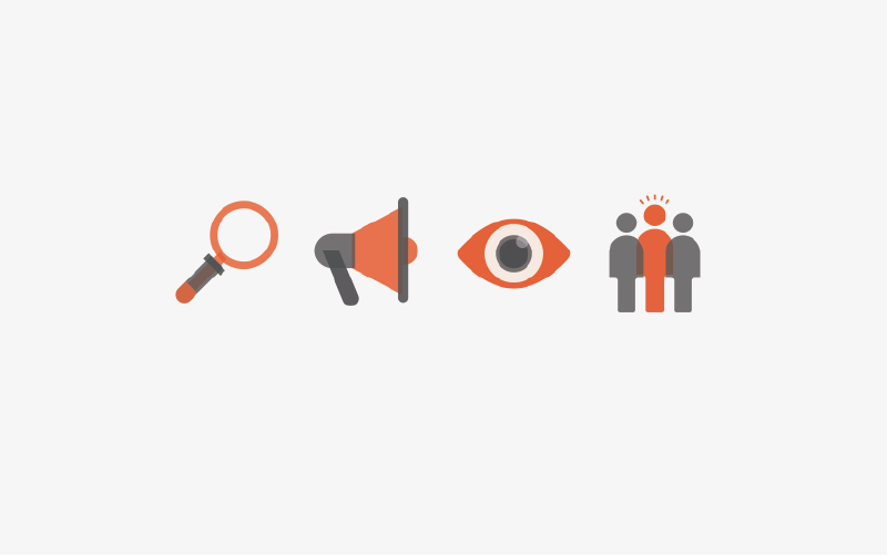 Icons: magnifying glass, loudspeaker, eye and people