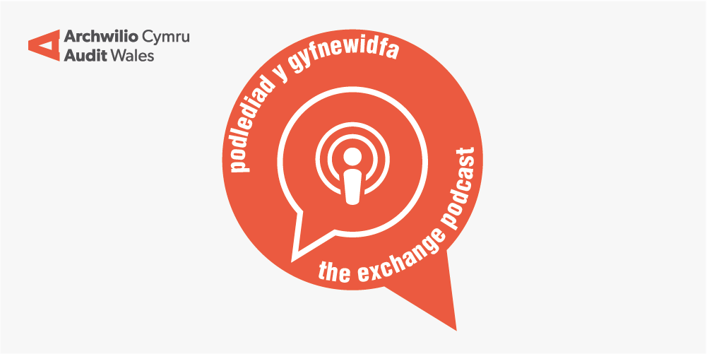 Icon of a speech bubble with the words The Exchange Podcast - Podlediad y gyfnewidfa