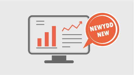 Icon of a computer screen containing data and the words 'new' and 'newydd' in a bubble pointing at this