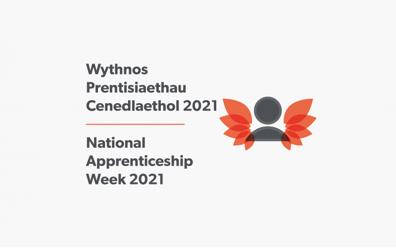 Icon of a person with wings with the words 'National Apprenticeship Week 2021' and Welsh translation