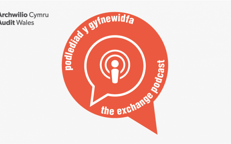 Icon of a speech bubble with the words The Exchange Podcast - Podlediad y gyfnewidfa