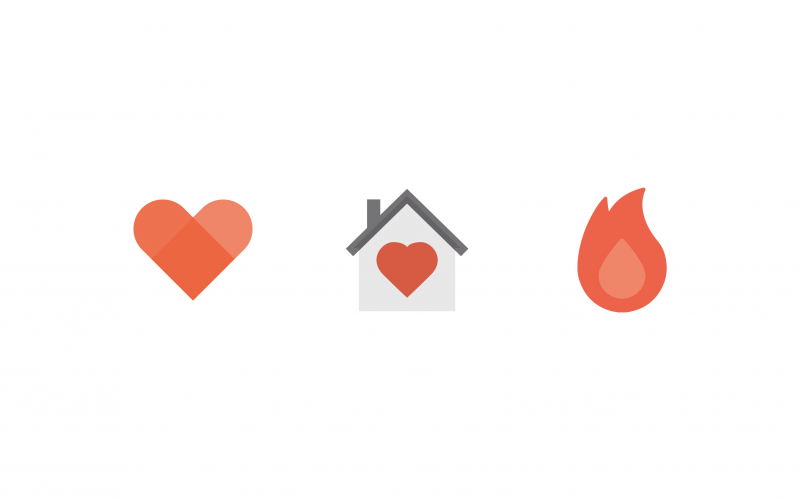 Icon of a heart, house with a heart inside and a flame