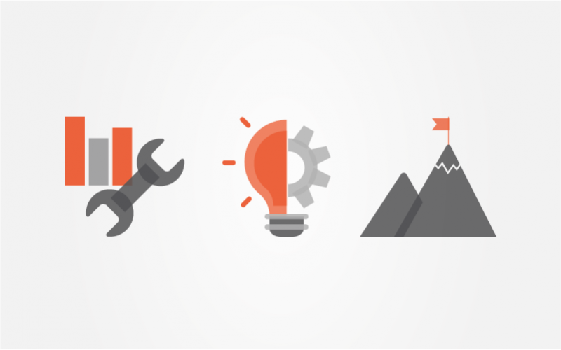 Three icons showing a spanner and graph, a lightbulb that's also half cog, and a mountain with flag at the top