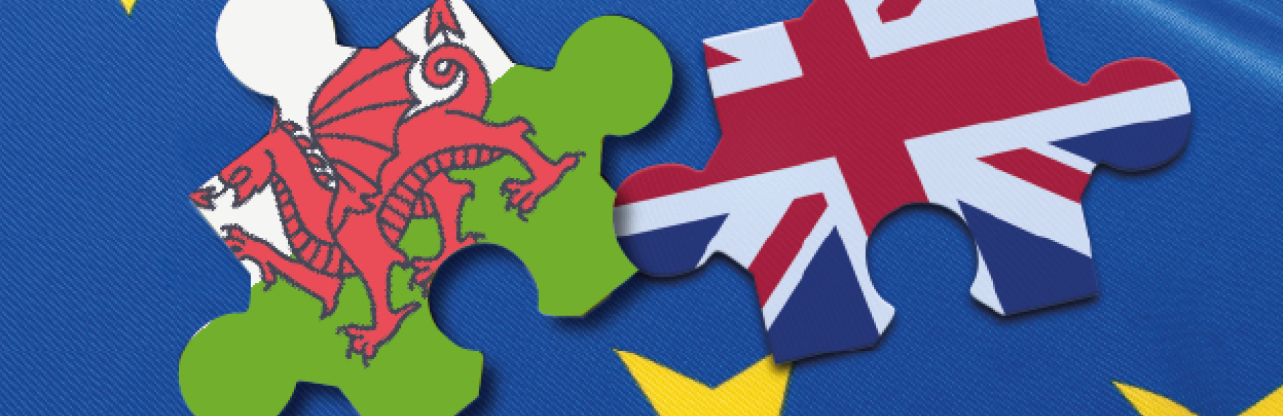 Dau ddarn pos, un yn cynnwys baner Cymru ac un yn cynnwys baner yr undeb, ar gefndir glas