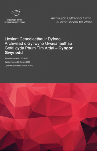 Llesiant Cenedlaethau’r Dyfodol: Archwiliad o Gyflwyno Gwasanaethau Gofal gyda Phum Tîm Ardal – Cyngor Gwynedd - clawr yr adroddiad