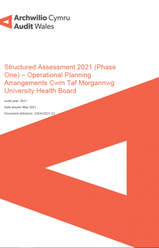 Cwm Taf Morgannwg University Health Board – Structured Assessment 2021 (Phase One) – Operational Planning Arrangements: report cover showing Audit Wales logo