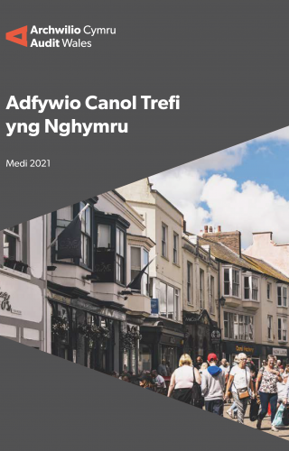 Image of a town and the words - Regenerating town centres in Wales 