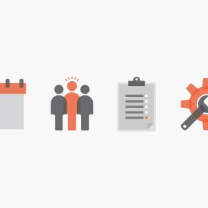 calendar, people, clip board, cog