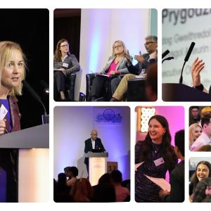 Speakers and attendees at a professional conference, featuring panel discussions, presentations, and audience engagement.